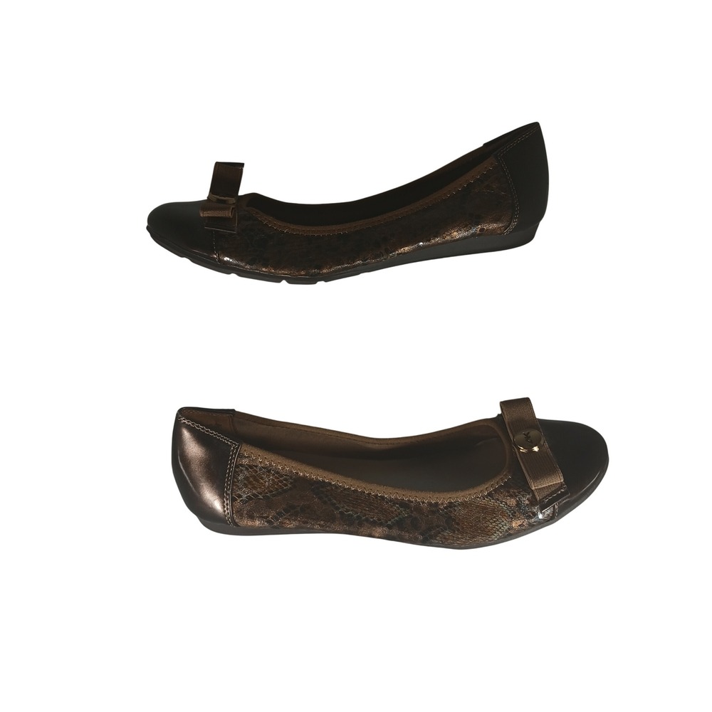 Anne Klein Sport Arownd Ballet Flats 7.5M Bronze Snakeskin Metallic Bow